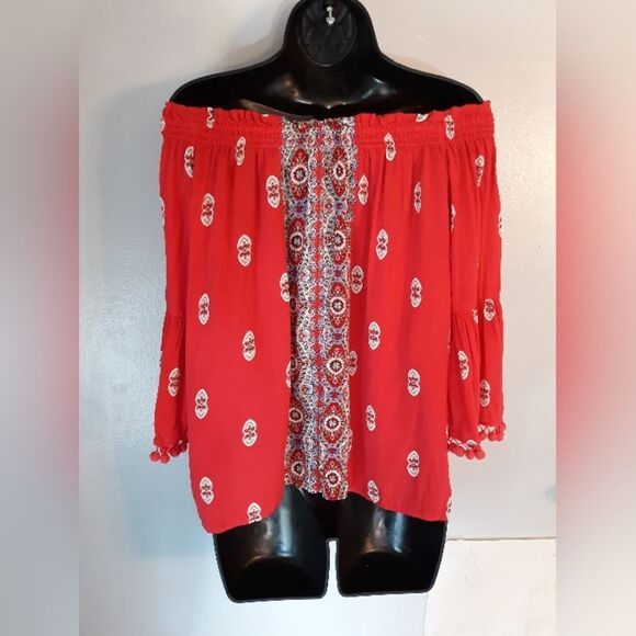 Grand and Greene red off shoulder pom pom bell sleeve blouse - Picture 3 of 5